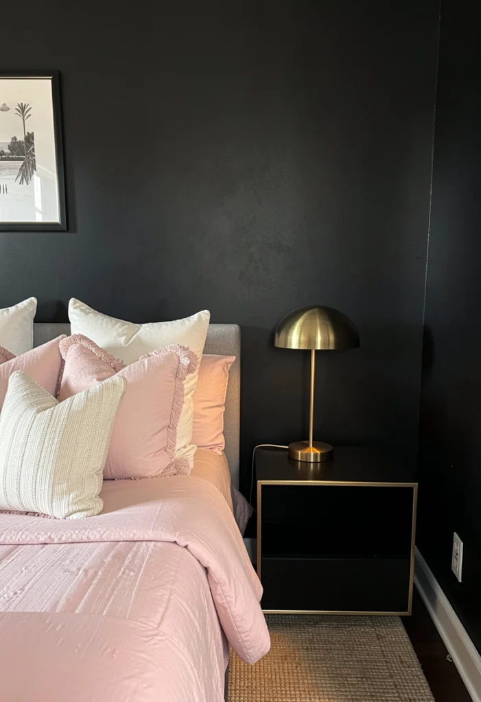 Black Accent Wall with Soft Pink Decor