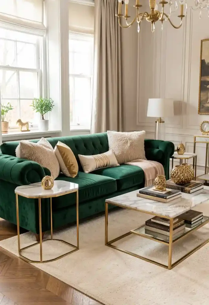 Emerald Green Sofa with Gold Accents