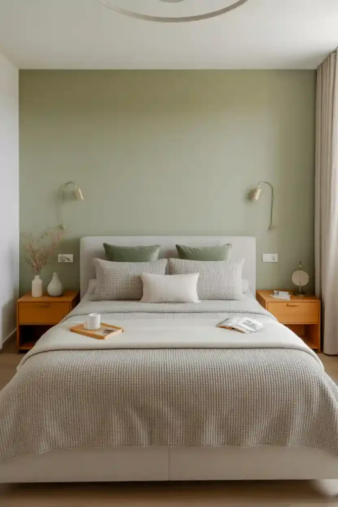 Sage Green Accent Wall With Soft Grey Bedding