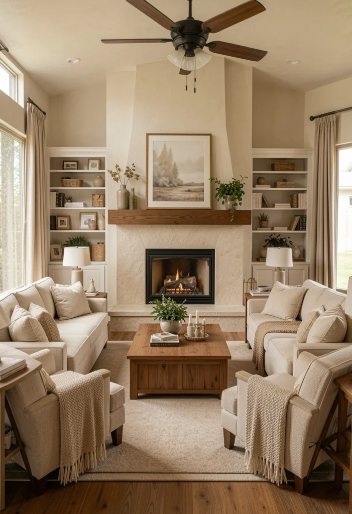 Symmetrical Seating Around the Corner Fireplace