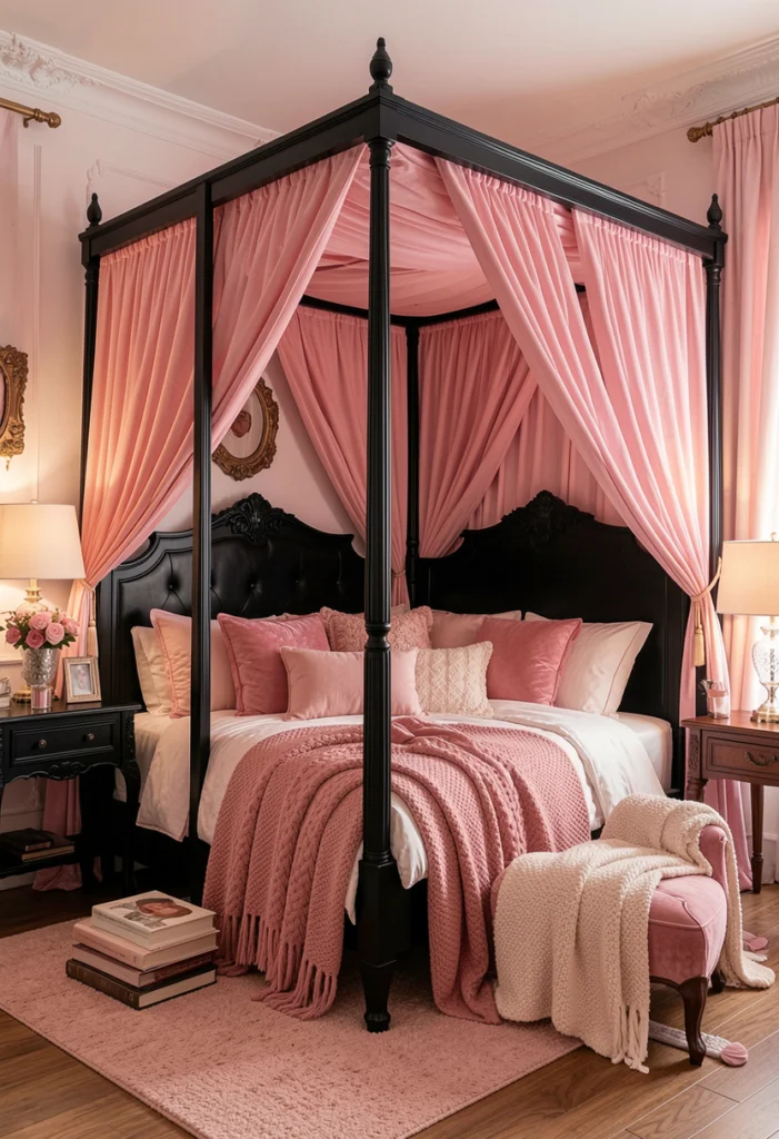 Black Canopy Bed with Pink Drapes