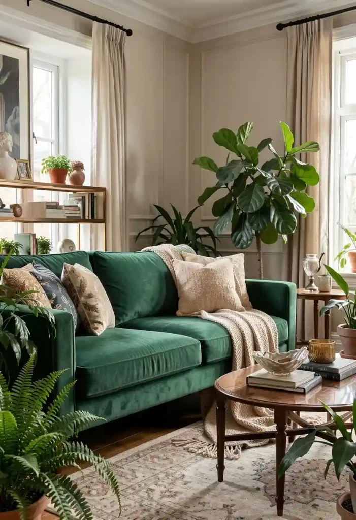  Emerald Green Sofa with Indoor Plants