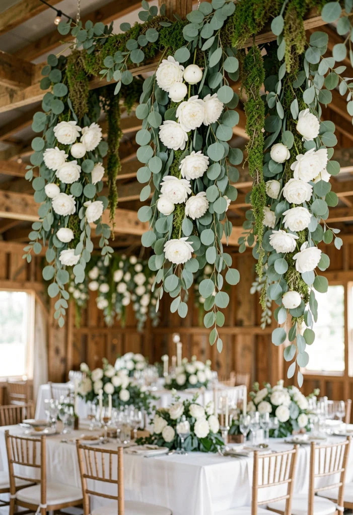 Hanging Floral Installations Above Tables