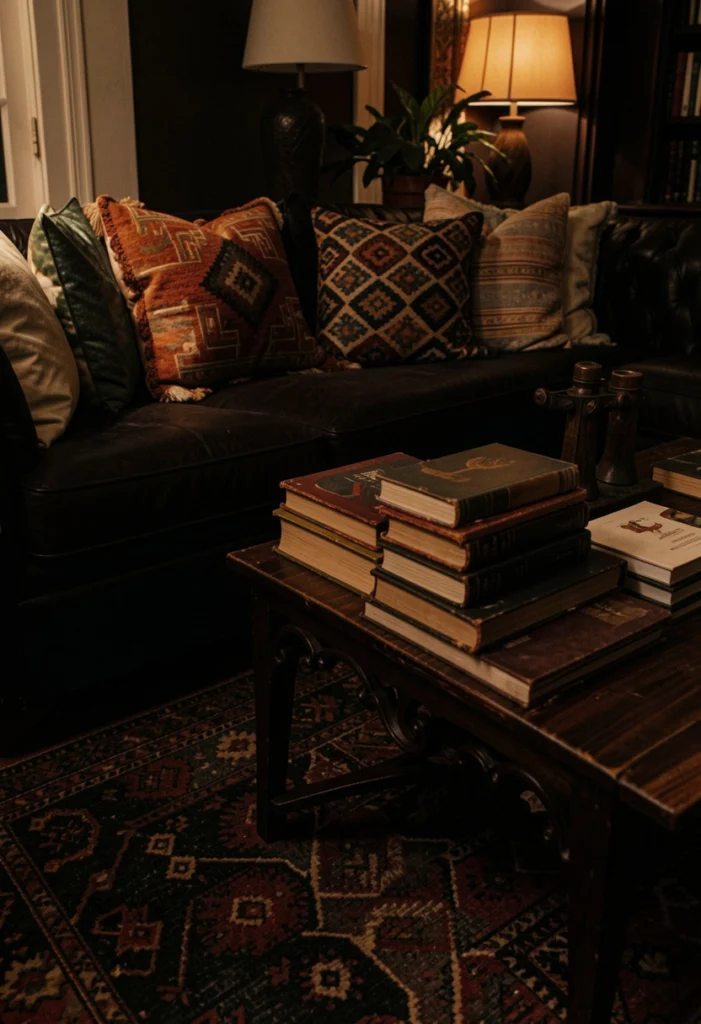 Cozy Dark Living Room with Rugs
