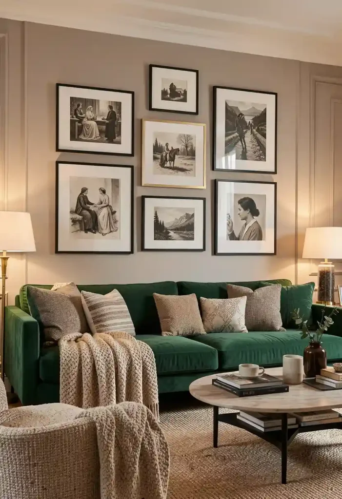 Emerald Green Sofa with Art-Filled Walls