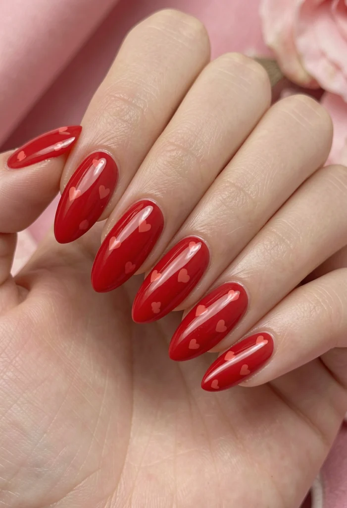 Heart-Themed Red Nails