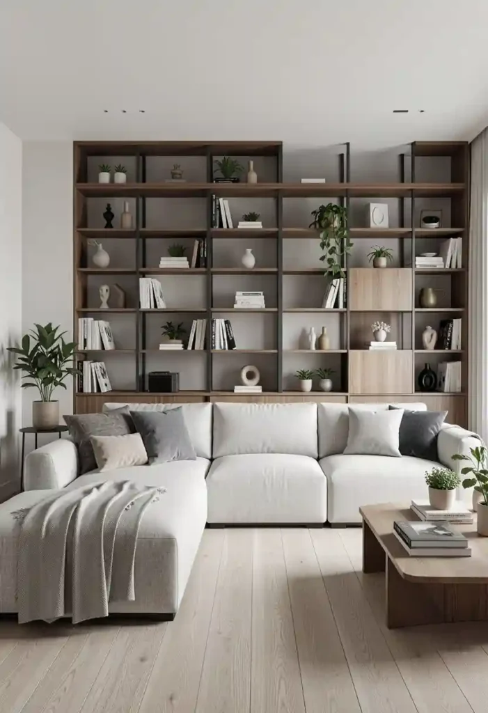 Sectional with Open Shelving Backdrop