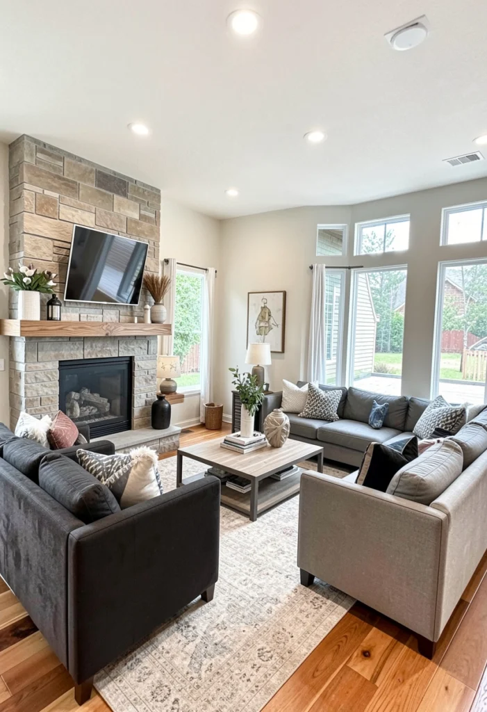 Open Concept Corner Fireplace Integration