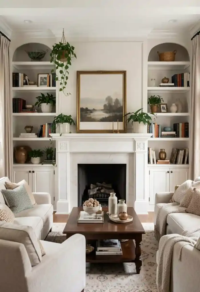 Built-In Shelves Around the Fireplace