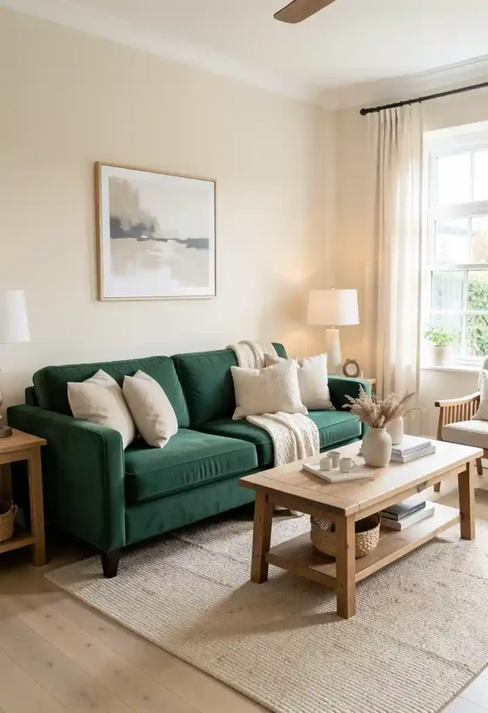 Emerald Green Sofa in a Neutral Living Room