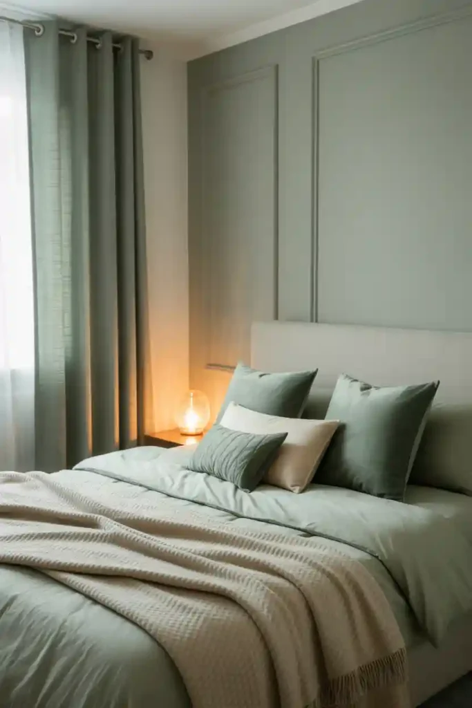 Grey Walls With Sage Green Textiles