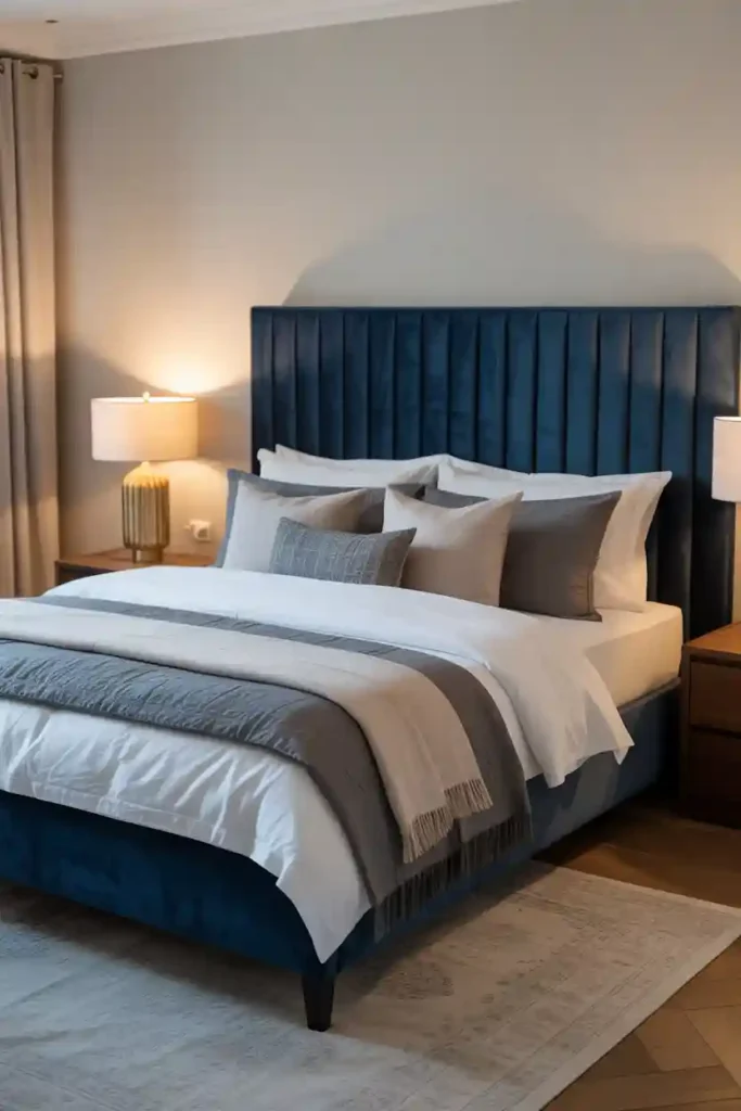 . Navy Blue Upholstered Bed as a Statement Piece