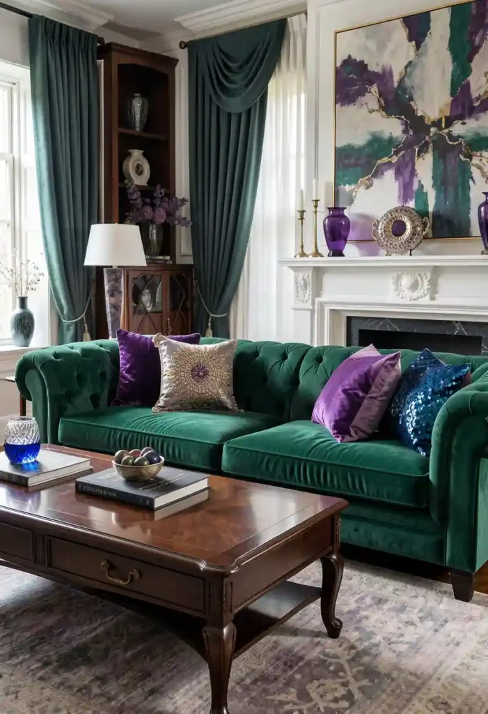 Emerald Green Sofa with Jewel-Toned Decor