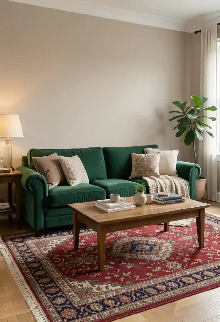 Emerald Green Sofa with Patterned Rugs
