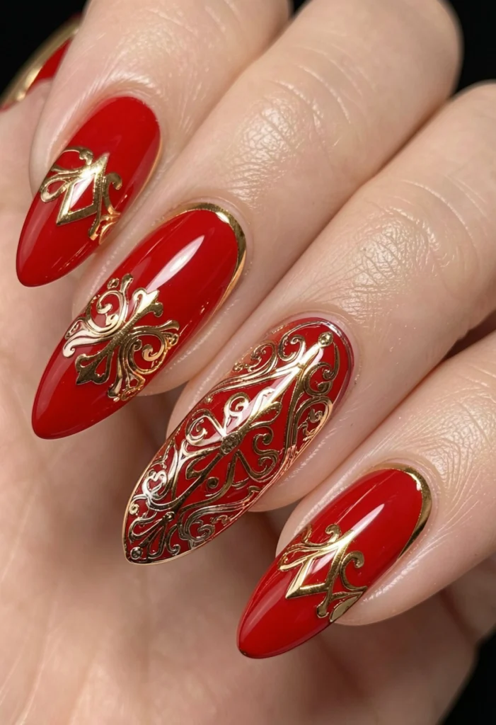Red and Gold Accent Nails