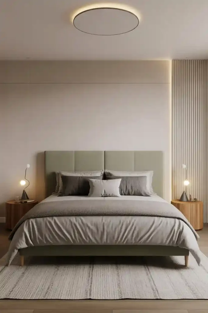 Sage Upholstered Headboard With Grey Linens