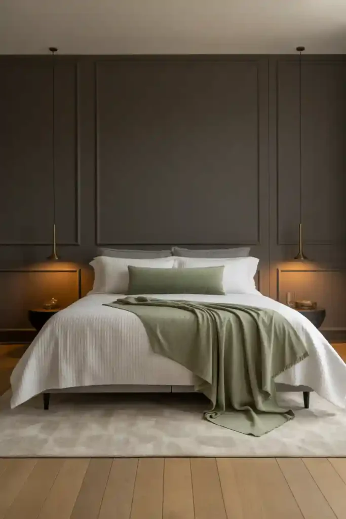 Grey Panel Walls With Sage Decor Accents