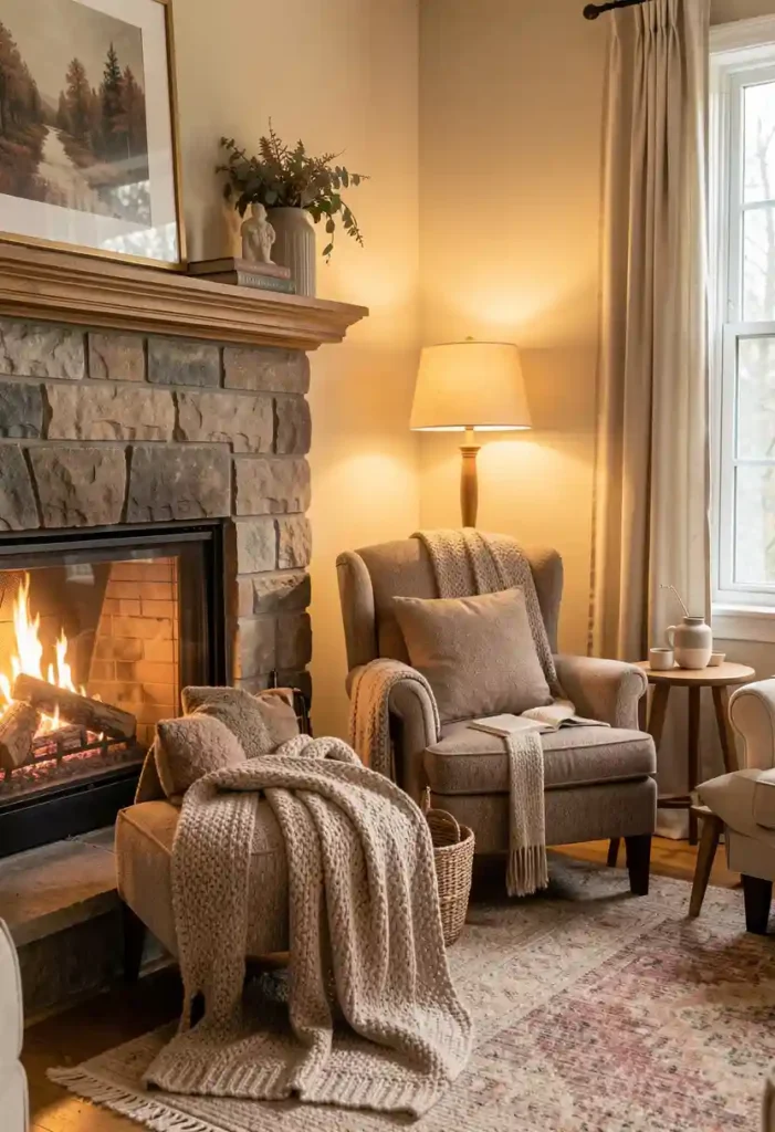 Cozy Reading Nook by the Fireplace
