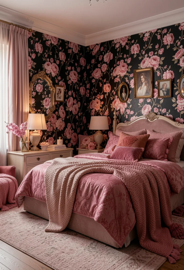 Floral Black and Pink Wallpaper