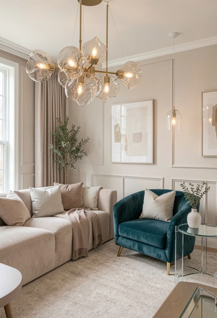 Neutral Living Room with Statement Lighting