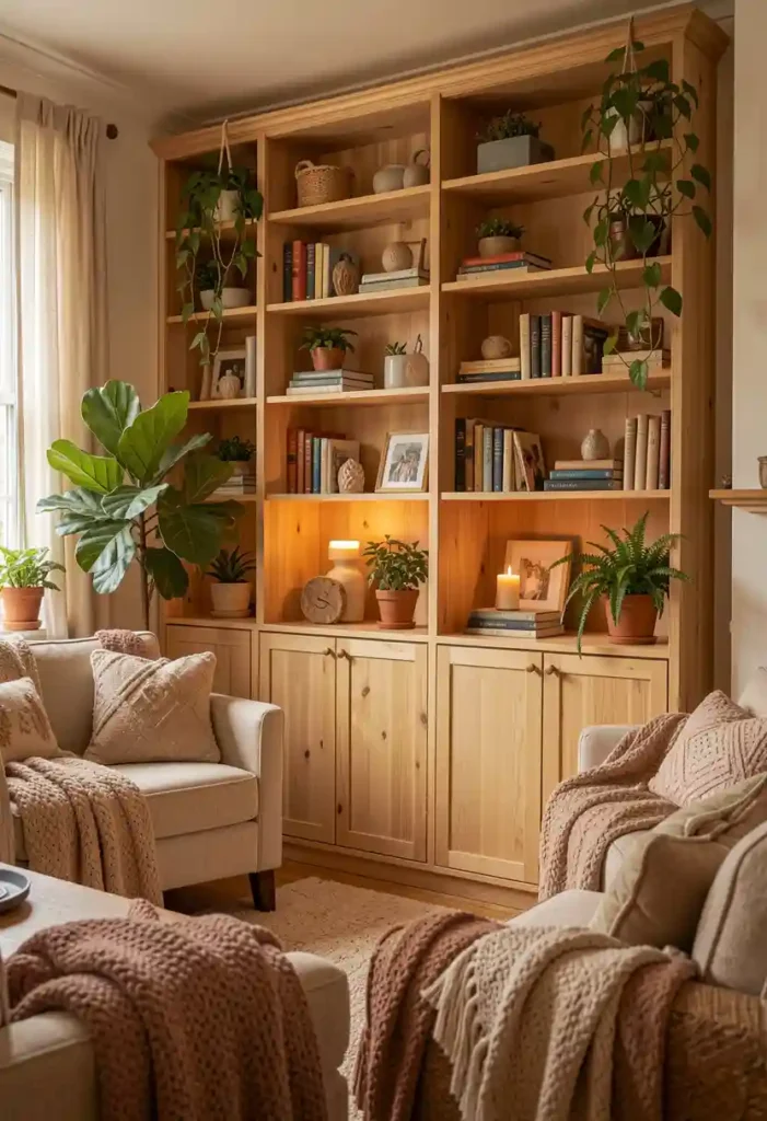 Built-In Shelves with Natural Wood Finish