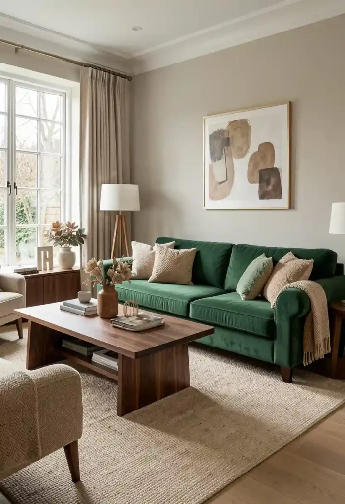 Emerald Green Sofa with Wooden Furniture
