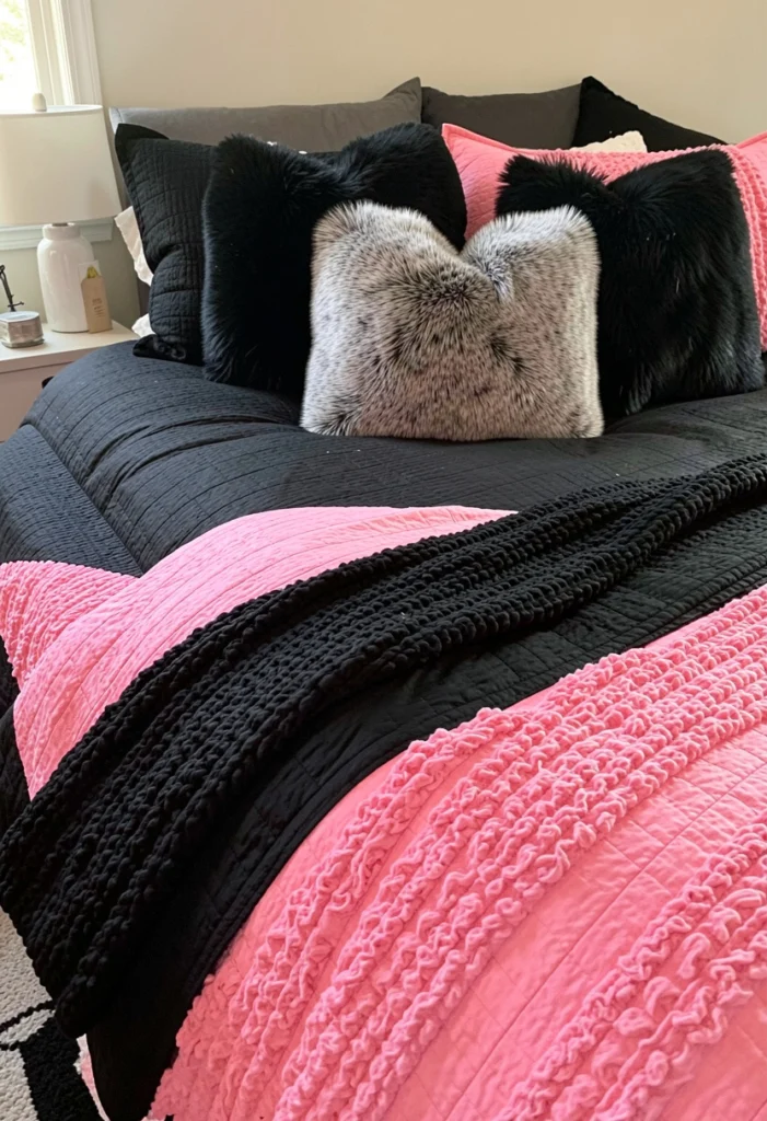 Cozy Layered Bedding in Pink and Black