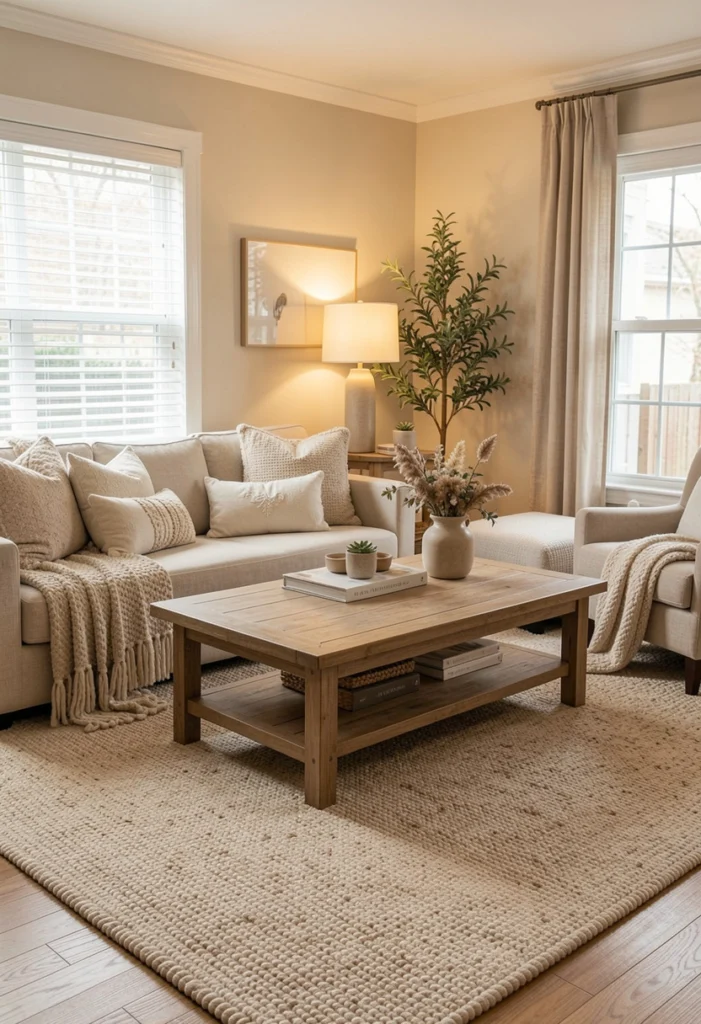 Cozy Neutral Living Room with Rugs