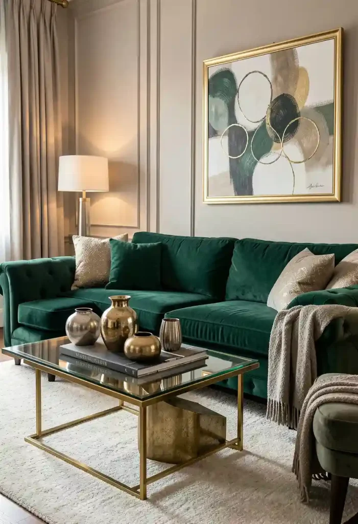 Emerald Green Sofa with Metallic Accents