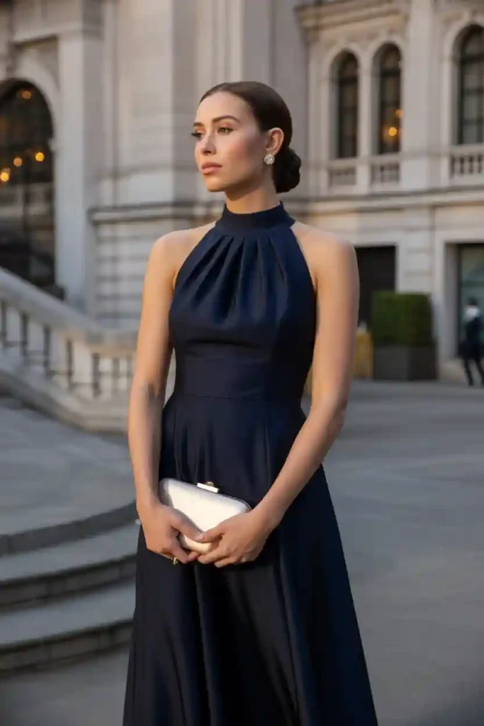  High-Neck Elegant Dress Styling 