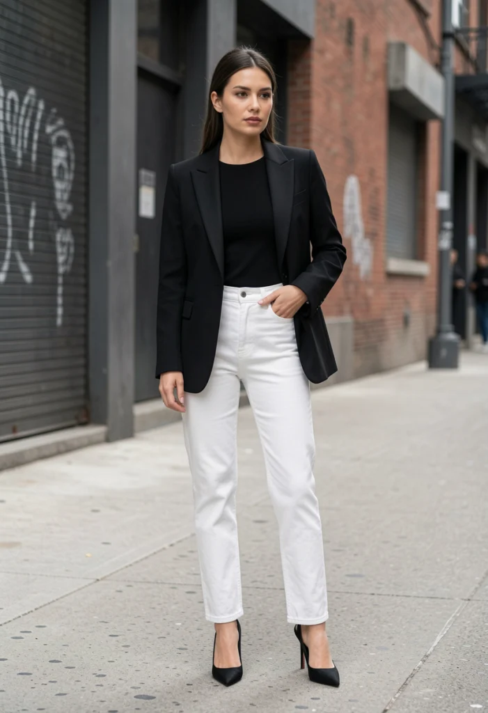 . Classic White Jeans with a Black Blazer