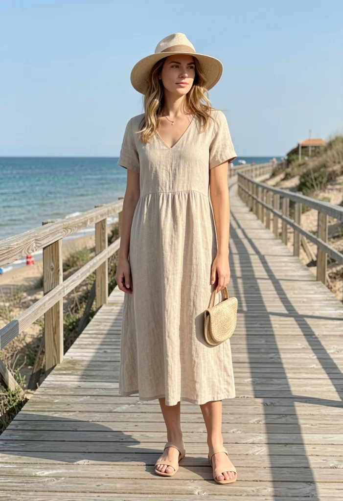 Linen Midi Dress with Sandals