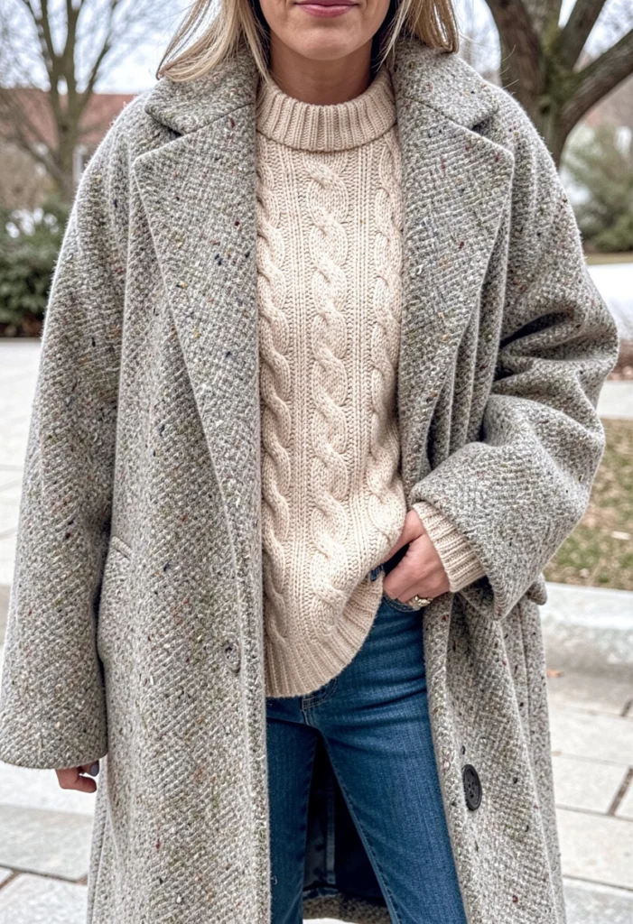 Oversized Coat with Knit Sweater and Jeans