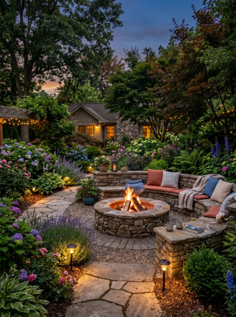 Fire Pit Surrounded by Lush Landscaping