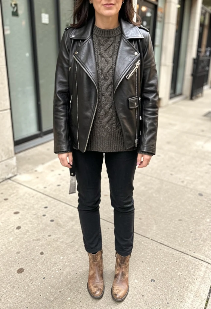 Leather Jacket with Sweater and Boots