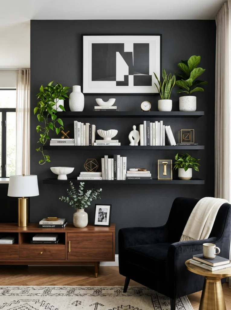 Black Floating Shelves for Bold Contemporary Contrast