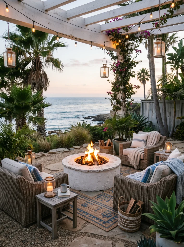 Coastal Inspired Backyard Fire Pit Retreat