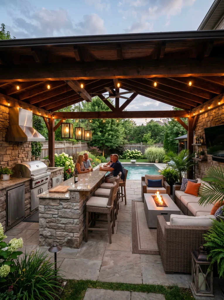 Covered Patio With Outdoor Kitchen Lounge
