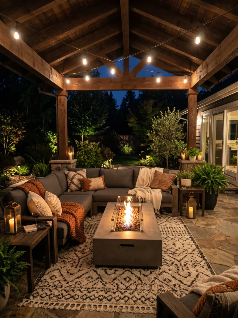 Cozy Covered Patio With Fire Pit Table
