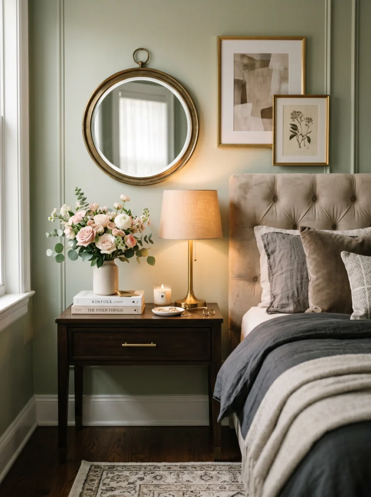 Layered Art and Mirror Styling Above the Nightstand