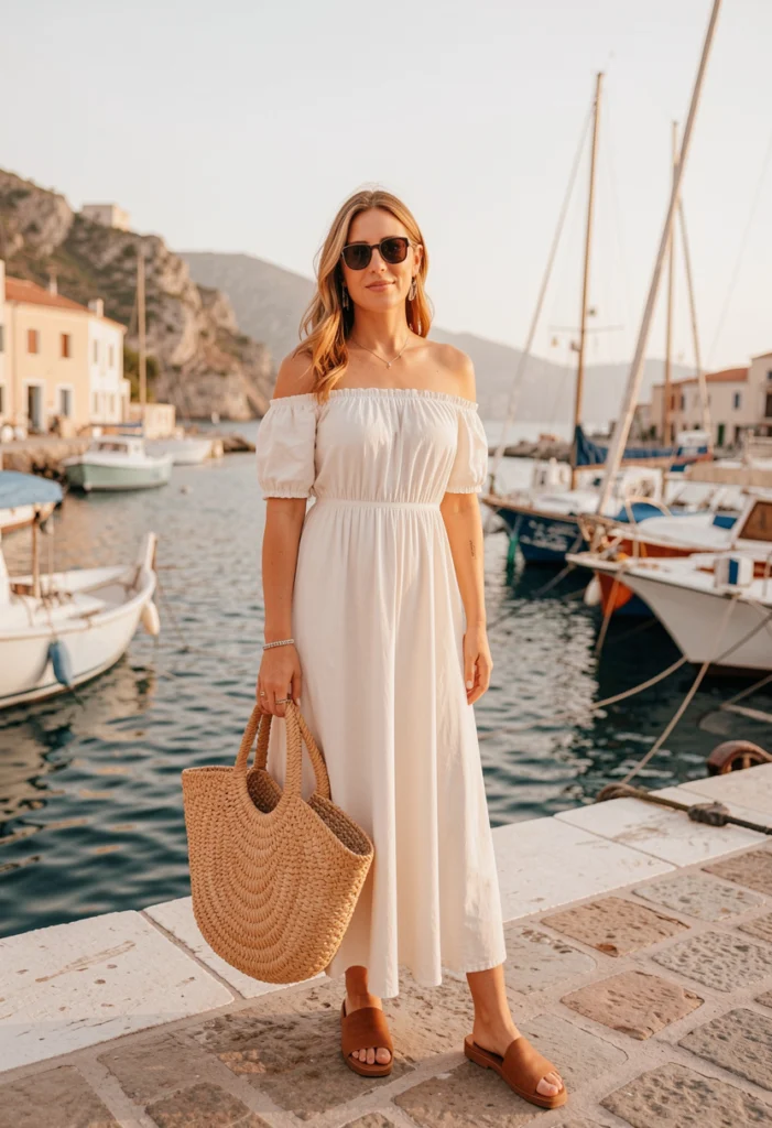 Off-Shoulder Dress with Woven Bag