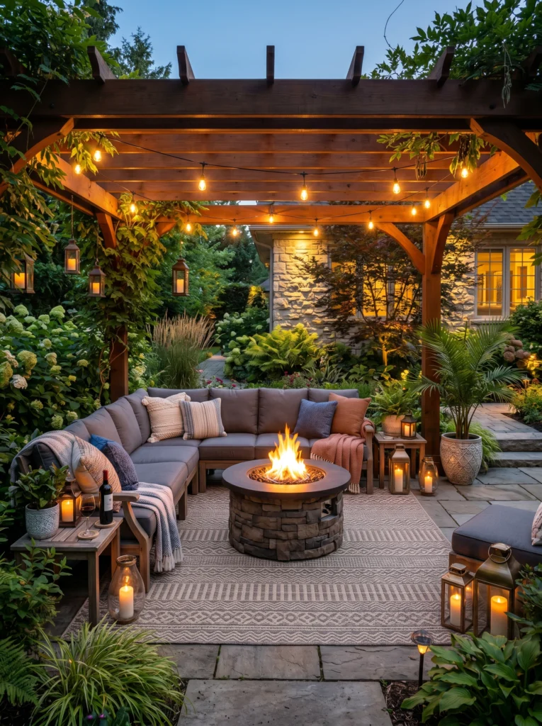 Outdoor Living Room Design With Fire Pit Focal Point