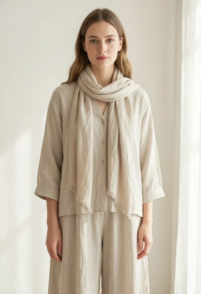 Neutral Layered Outfit with Scarf