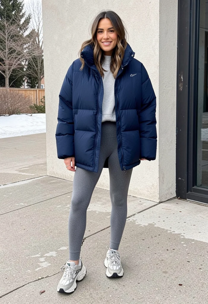 Puffer Jacket with Leggings and Sneakers