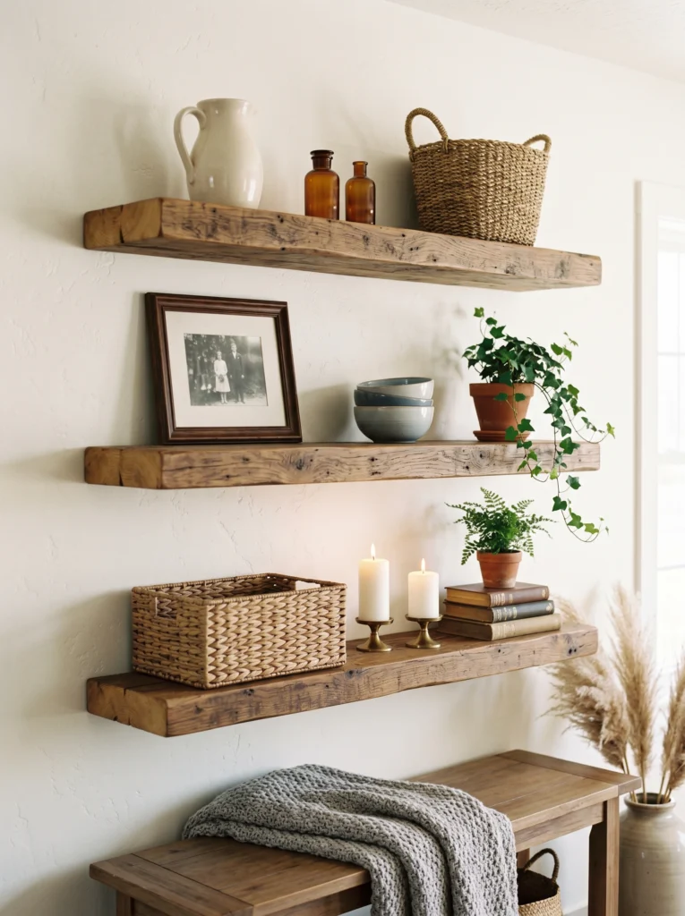  Rustic Wooden Floating Shelves With Farmhouse Charm