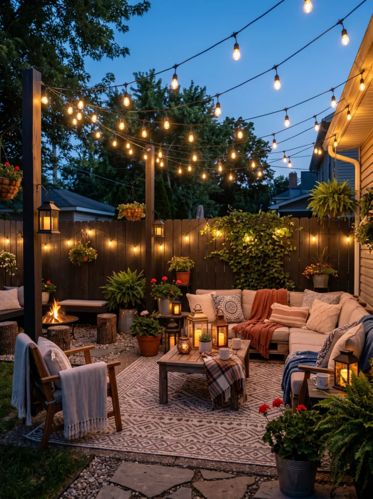 String Light Backyard Makeover for Magical Evening Glow