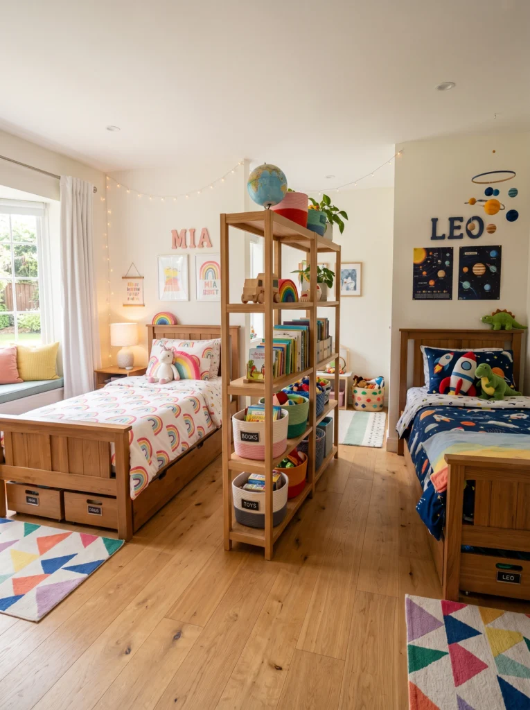 Twin Beds with Divider Shelf