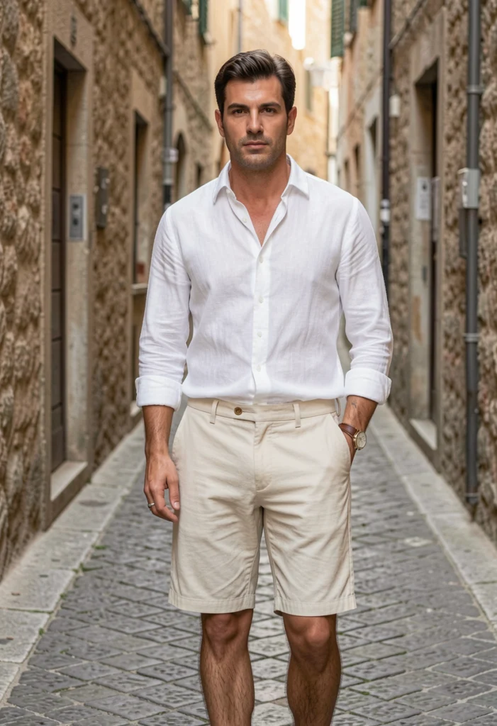 White Button-Down Shirt with Tailored Shorts