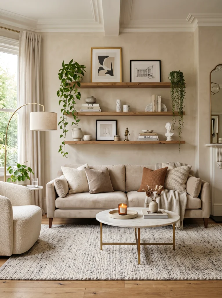  Floating Shelves Above the Sofa for Living Room Styling