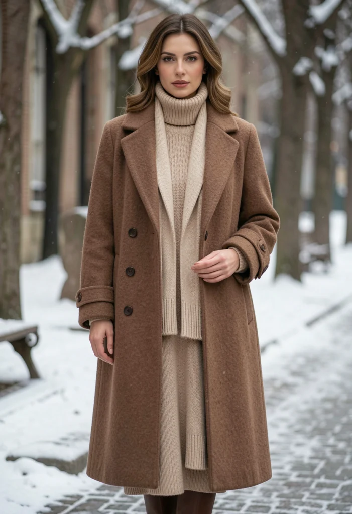 . Long Wool Coat with Turtleneck Dress